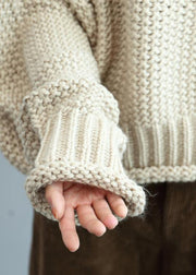 Fashion beige knit tops high neck lantern sleeve trendy plus size knit tops - SooLinen