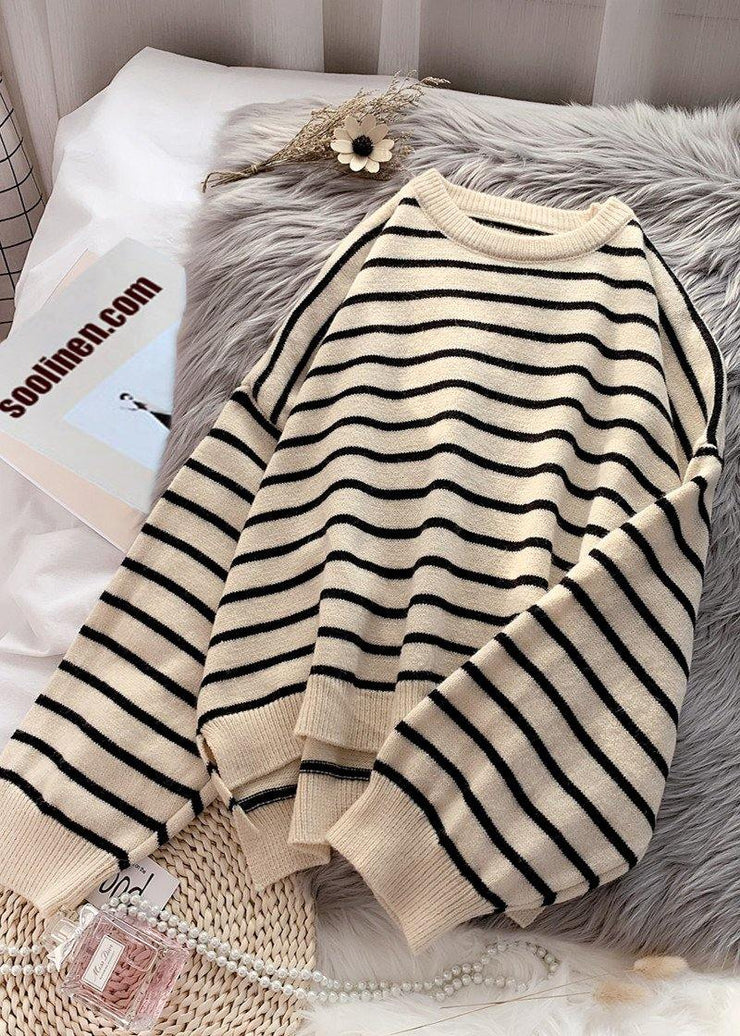 Fashion beige striped sweaters trendy plus size o neck low high design Sweater Blouse - SooLinen