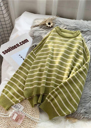 Fashion beige striped sweaters trendy plus size o neck low high design Sweater Blouse - SooLinen