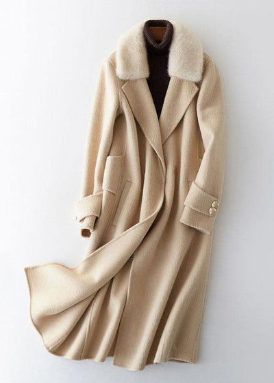 Fashion beige woolen outwear oversized long coats fur collar woolen outwear Notched - SooLinen