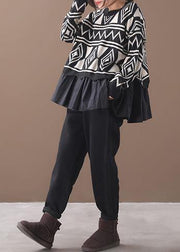 Fashion black Sweater Blouse patchwork plus size Geometry knitted blouse - SooLinen