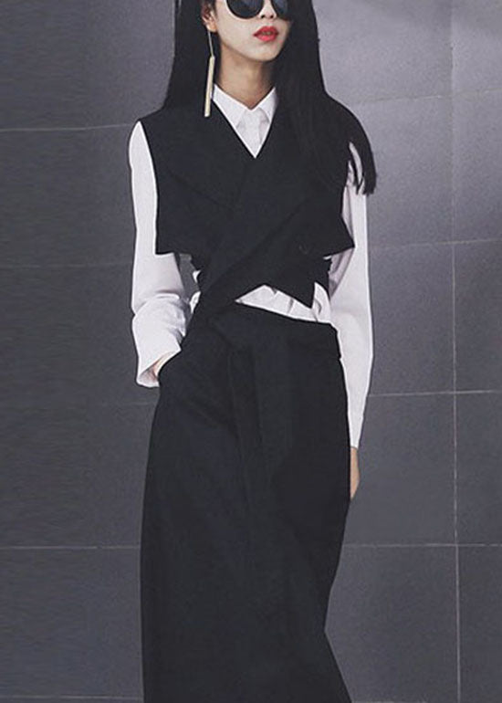 Fashion black V Neck tie waist button vest Spring