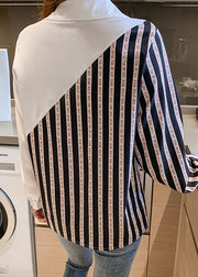 Fashion black White Peter Pan Collar button Striped Patchwork Chiffon Shirt Tops Long Sleeve