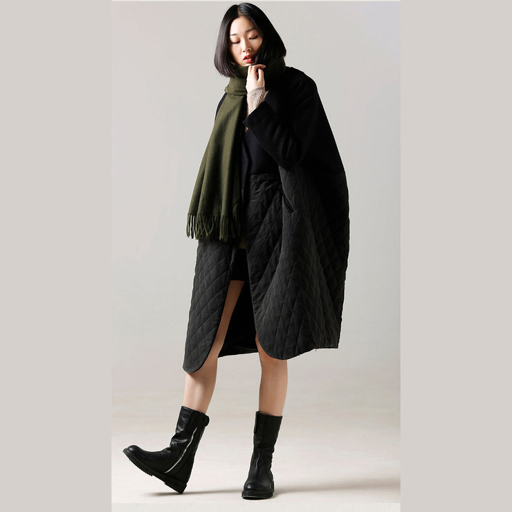 Fashion black Wool jackets plus size Winter coat patchwork women coats v neck