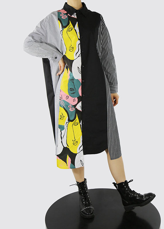 Modisches schwarzes asymmetrisches Design Bubikragendruck Patchwork-Hemdkleid Frühling