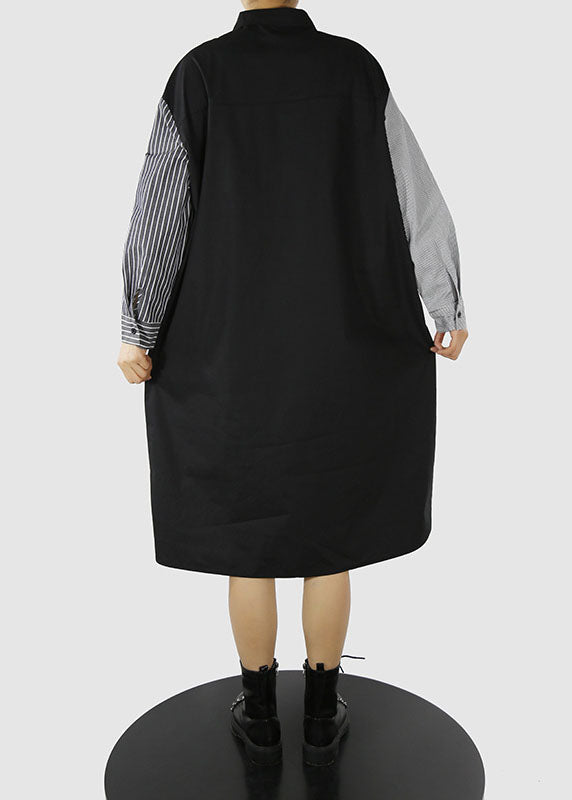 Modisches schwarzes asymmetrisches Design Bubikragendruck Patchwork-Hemdkleid Frühling