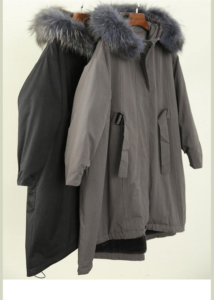 Fashion black fur collar long quilted padded coat women loose coats - SooLinen