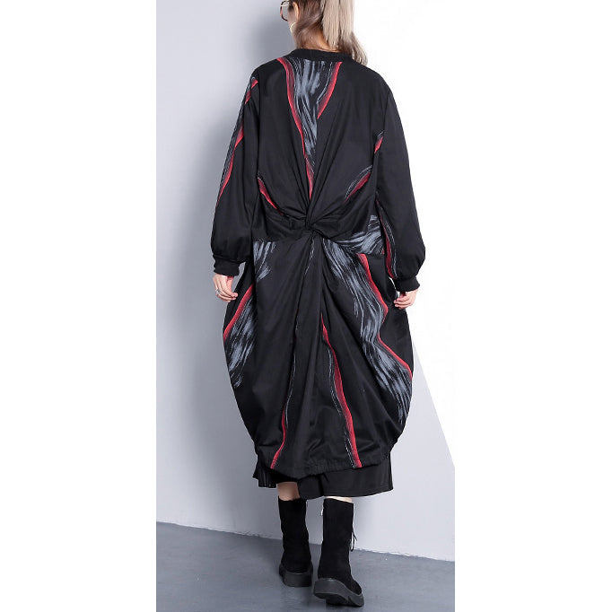 Fashion black print coat oversized stand collar cardigans Elegant Cinched baggy coats