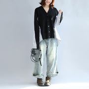 Modische, schwarz gestreifte Baumwoll-Patchwork-Pullover-Oberteile plus langärmlige Strickjacke in Übergröße