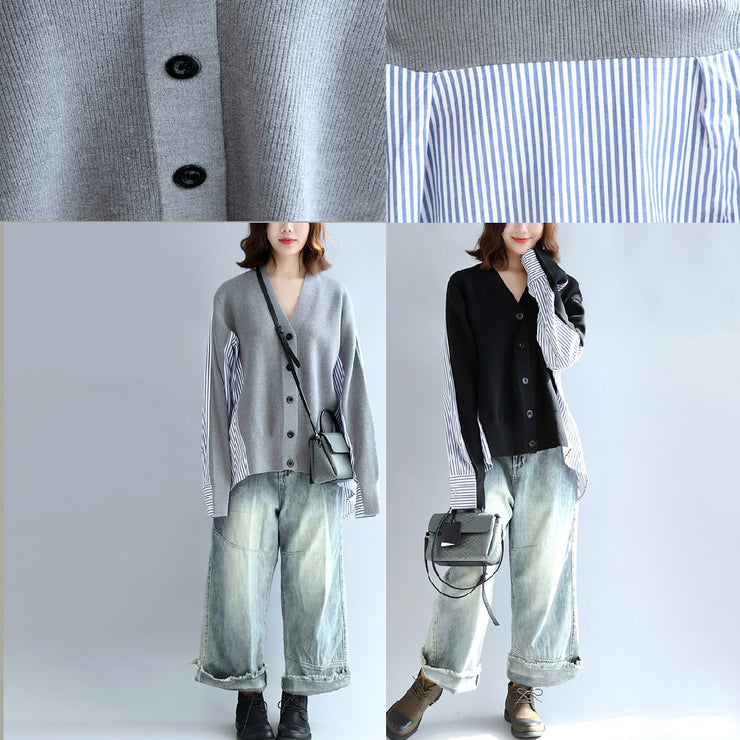 Modische, schwarz gestreifte Baumwoll-Patchwork-Pullover-Oberteile plus langärmlige Strickjacke in Übergröße