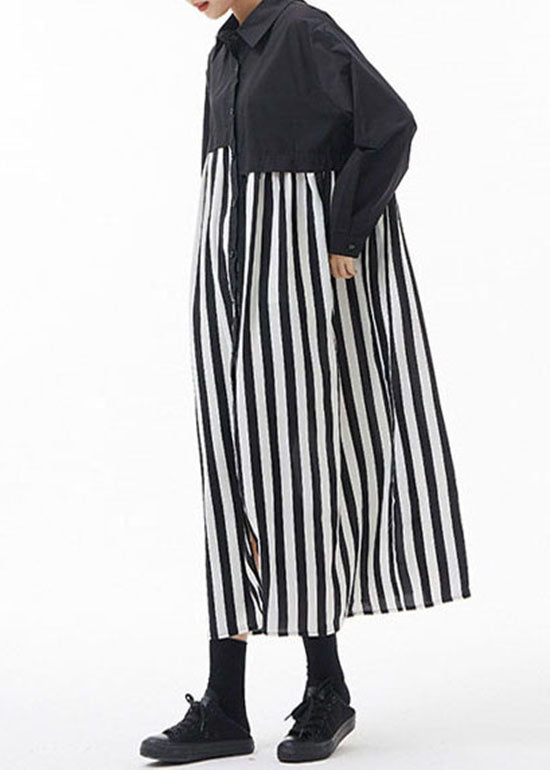 Fashion black white Striped Peter Pan Collar Patchwork shirt Dresses Spring