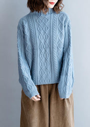 Fashion blue knit tops high neck Button Down plus size knit sweat tops - SooLinen