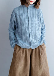 Fashion blue knit tops high neck Button Down plus size knit sweat tops - SooLinen