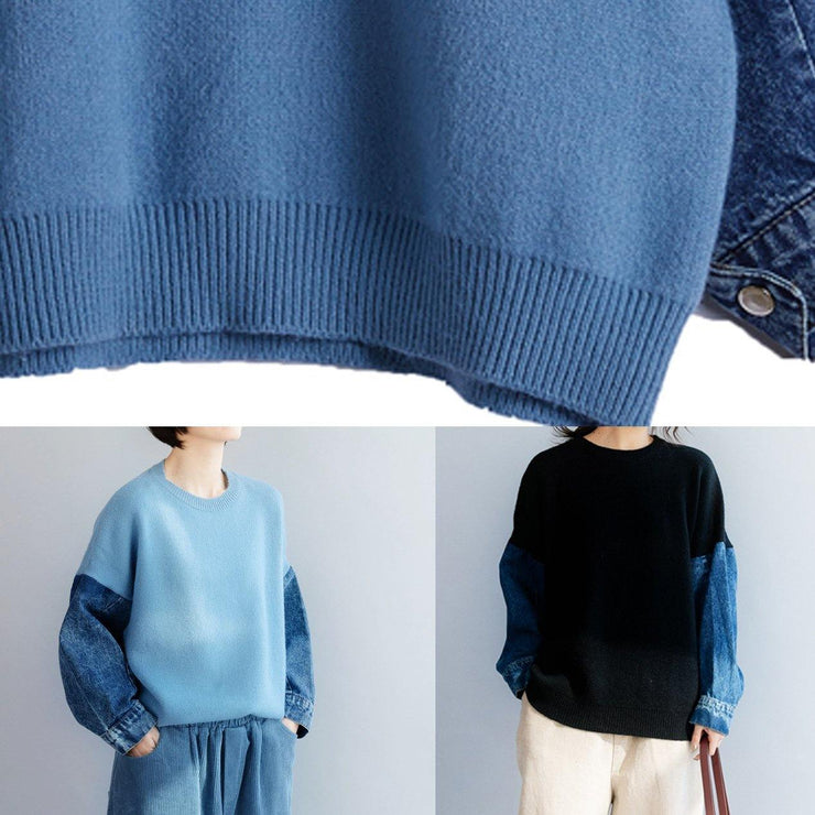 Fashion blue knitted pullover patchwork sleeve fashion o neck knit tops - SooLinen