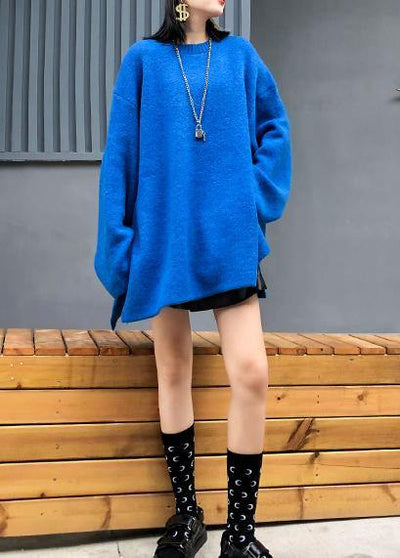 Fashion blue knitted pullover plus size clothing winter knit tops side open - SooLinen