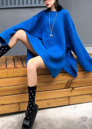Fashion blue knitted pullover plus size clothing winter knit tops side open - SooLinen