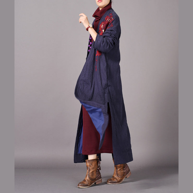 Fashion blue maxi coat oversized embroidery baggy trench coat New side open Coat