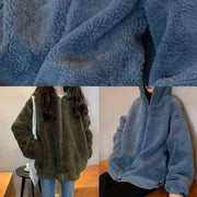 Fashion blue woolen overcoat Loose fitting mid-length coats hooded winter outwear - SooLinen