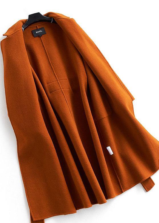 Fashion brown Woolen Coats Women Loose fitting medium length jackets tie waist coat - SooLinen