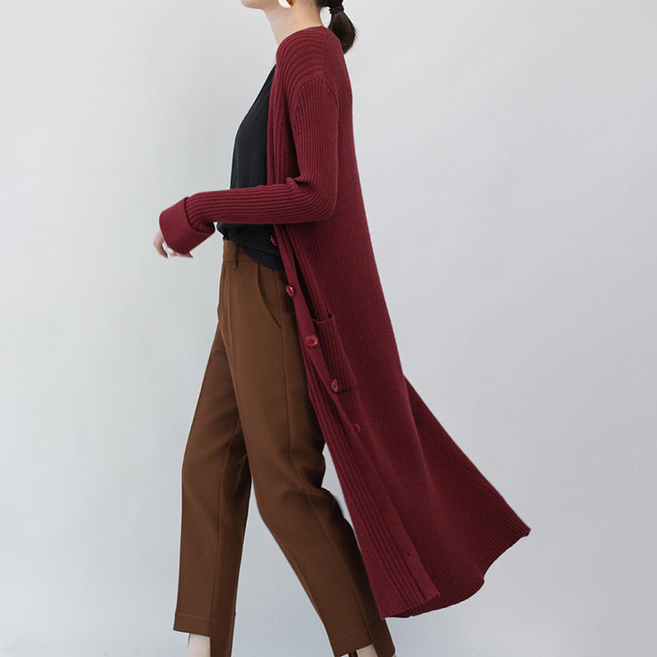 Fashion burgundy maxi coat Loose fitting V neck  long coat Fine pockets coats