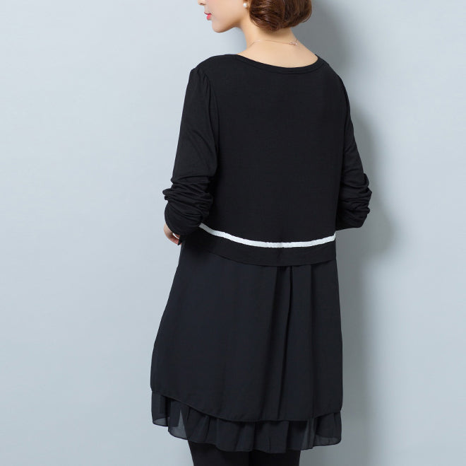 Fashion casual black false two pieces cotton blended dresses plus size  ruffles dresses