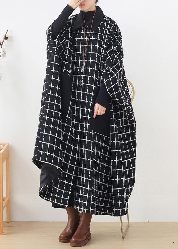 Fashion casual maxi coat outwear black white plaid lapel pockets Woolen Coats - SooLinen