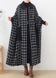 Fashion casual maxi coat outwear black white plaid lapel pockets Woolen Coats - SooLinen