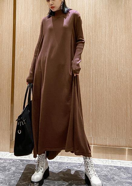 Fashion chocolate Sweater dresses Refashion high neck large hem Mujer fall knitwear - SooLinen
