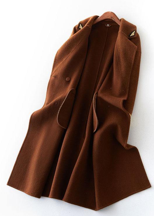 Fashion chocolate wool overcoat trendy plus size long Notched coat back side open coats - SooLinen