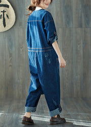 Fashion dark Blue O-Neck pockets denim Jumpsuits Spring