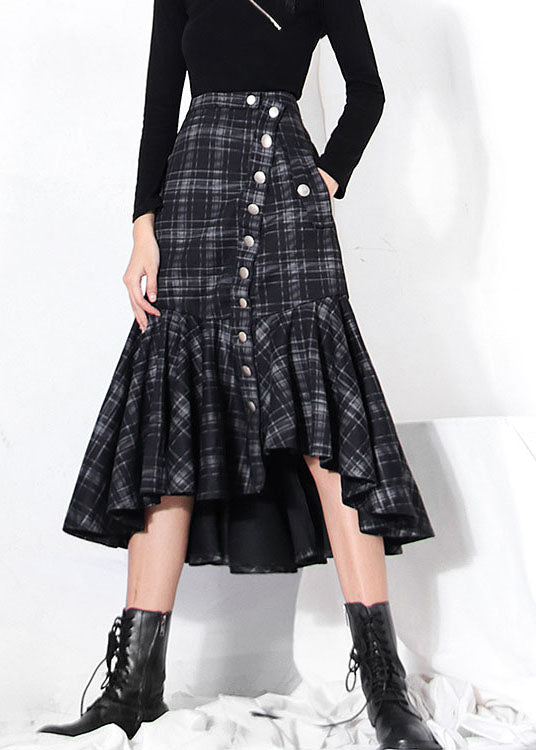 Fashion dark Grey button Ruffles Plaid Skirt Spring