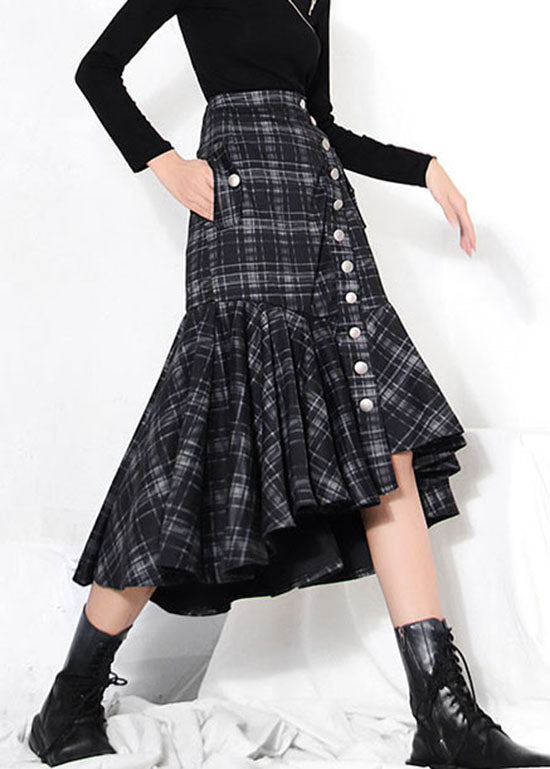 Fashion dark Grey button Ruffles Plaid Skirt Spring