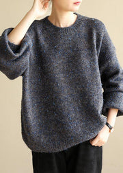 Fashion dark black gray knit tops long sleeve casual o neck knitwear - SooLinen