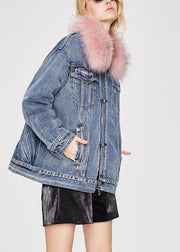 Fashion denim blue Pink fur collar Winter Duck Down Jacket
