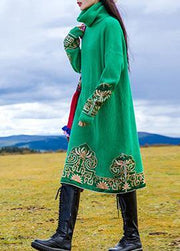 Fashion embroidery Sweater high neck weather Beautiful green oversized knit dresses - SooLinen