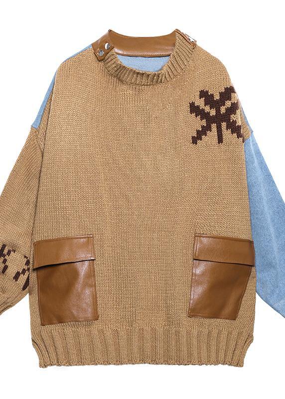 Fashion fall khaki knit tops plus size o neck patchwork sweater tops - SooLinen