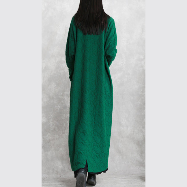 Fashion green maxi coat casual Stand pockets Cotton linen Coat women long sleeve baggy coat