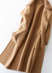 Fashion khaki woolen coats casual winter coat fur collar jackets tie waist - SooLinen