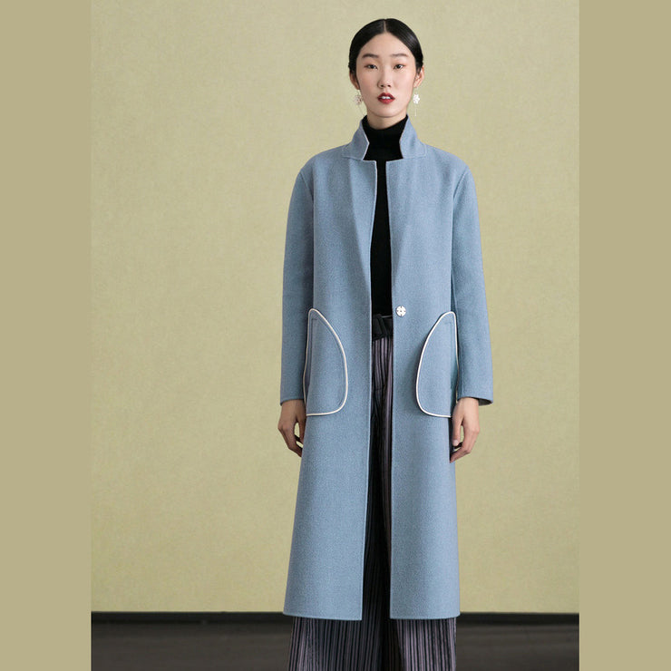 Fashion light khaki wool coat casual back open Coats lapel collar coats