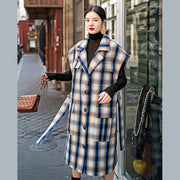 Fashion navy Plaid long coat plus size Notched tie waist Coats women pockets Sleeveless long jackets