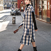 Fashion navy Plaid long coat plus size Notched tie waist Coats women pockets Sleeveless long jackets