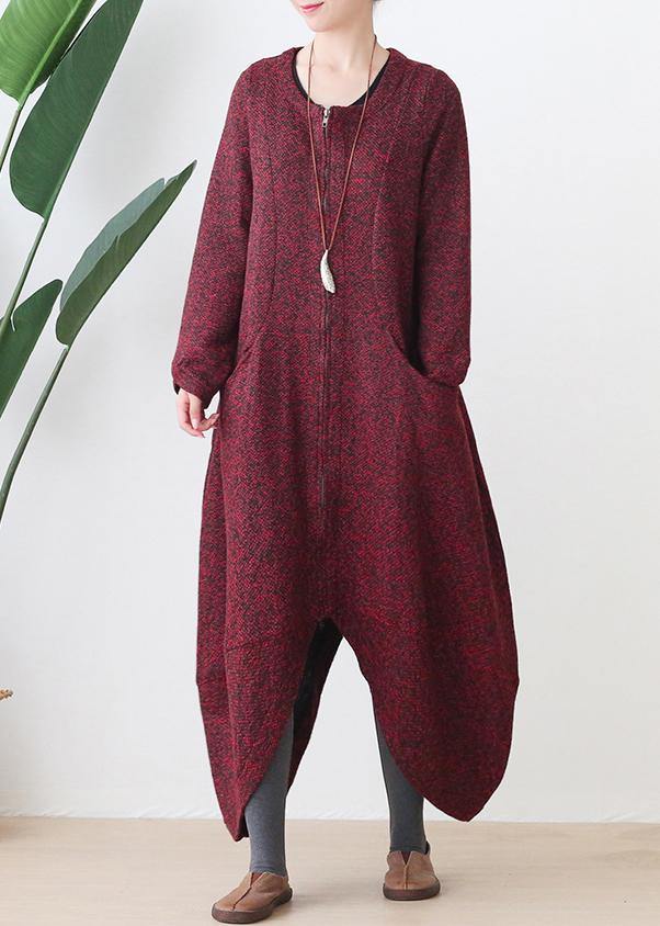 Fashion oversize medium length coat winter coats red v neck asymmetric Wool jackets - SooLinen