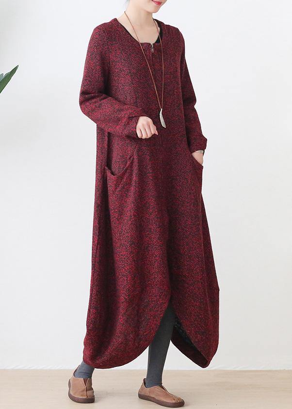 Fashion oversize medium length coat winter coats red v neck asymmetric Wool jackets - SooLinen