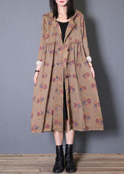 Fashion oversized coat fall khaki print hooded Cinched Coats - SooLinen