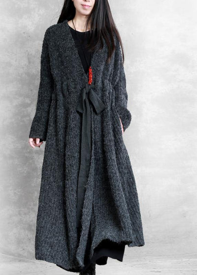 Fashion oversized long winter coat dark gray v neck drawstring wool coat for woman - SooLinen