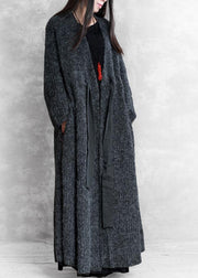 Fashion oversized long winter coat dark gray v neck drawstring wool coat for woman - SooLinen