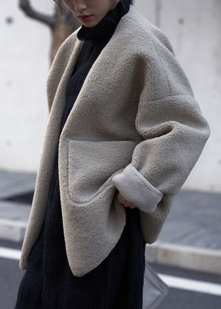 Fashion plus size clothing coats women coats nude v neck pockets woolen overcoat - SooLinen