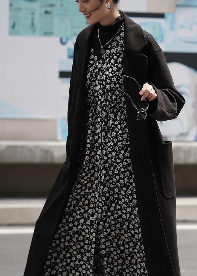 Fashion plus size long coat woolen outwear black Notched tie waist coats - SooLinen