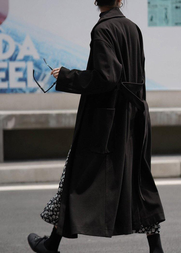 Fashion plus size long coat woolen outwear black Notched tie waist coats - SooLinen