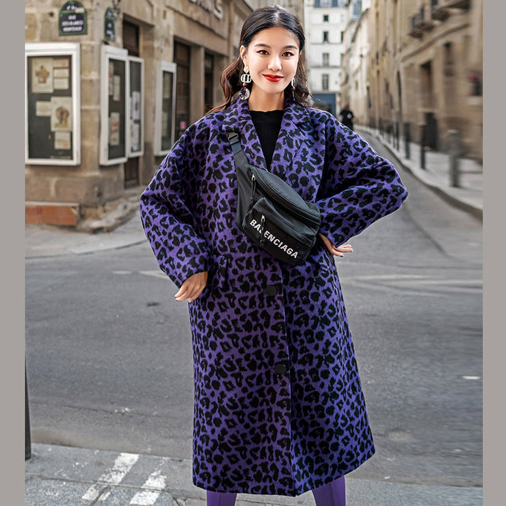 Mode lila Leopard Mäntel Oversize gekerbte Oberbekleidung elegante Taschen Wolljacken